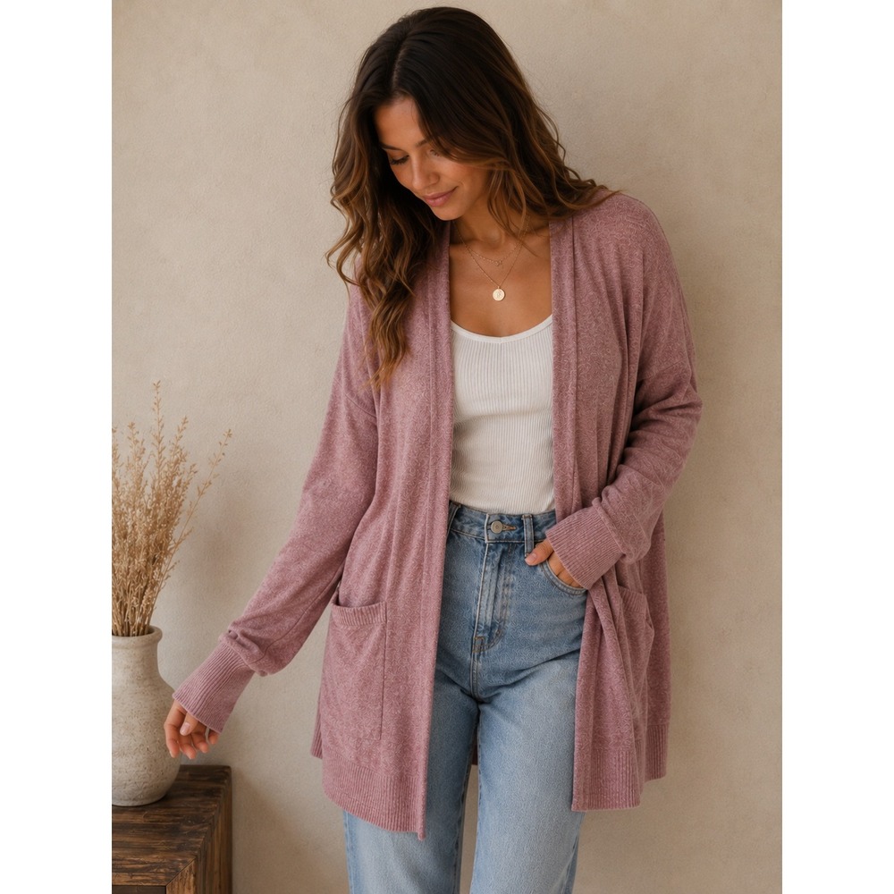 Express Women Dusty Mauve Rose Pink Open Front Pocket Cardigan Sweater Large NWT